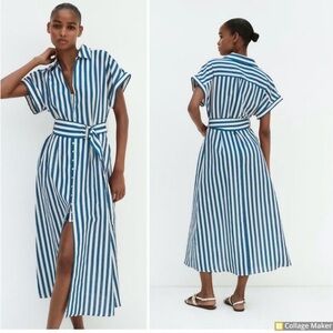 Zara (L) Blue + White Striped Coastal Linen Blend Button Front Tied Midi Dress